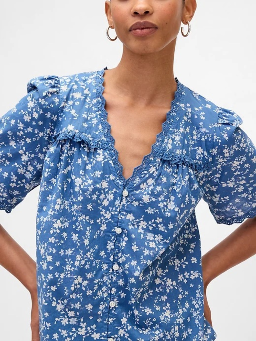Blue Floral V-Neck Button Front Top - Picture 2 of 2